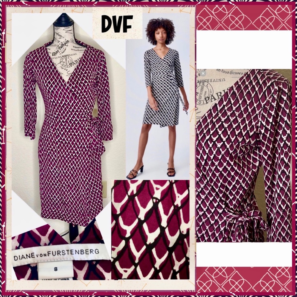 Diane Von Furstenberg Burgundy and White Wrap Dress - Picture 11 of 12